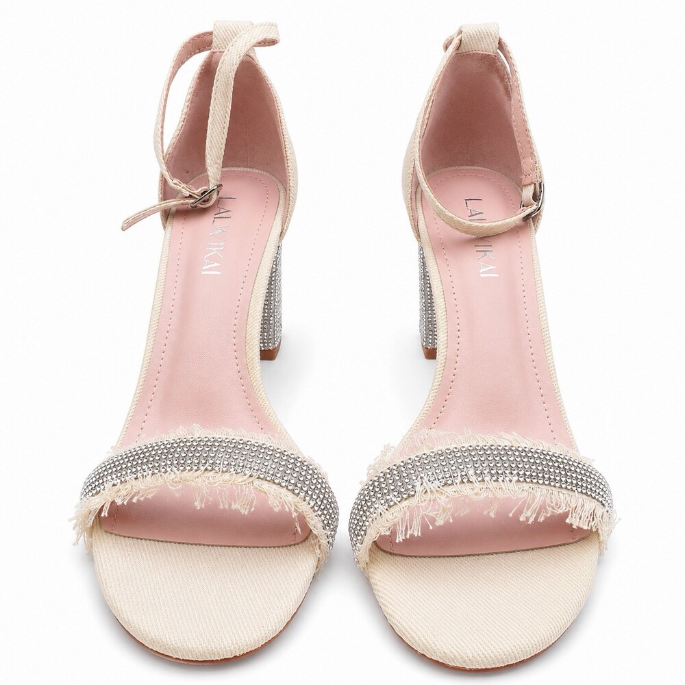 LALA IKAI Rhinestone Raffia Block Heel Sandals Ivory Women’s EU 38.5 US 8